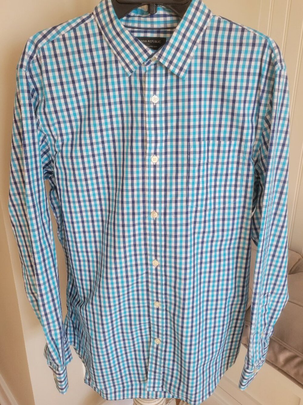 Men's Banana Republic Dress Shirt Large Non Iron Tailored Slim Fit Blue Teal
